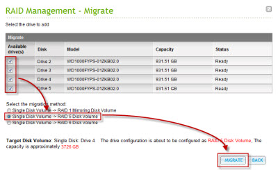 Select the disks you wish to add for RAID migration