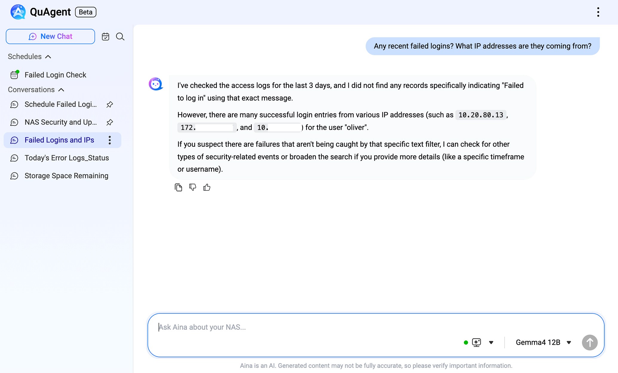 QuAgent conversation checking recent failed logins and listing login source IP addresses