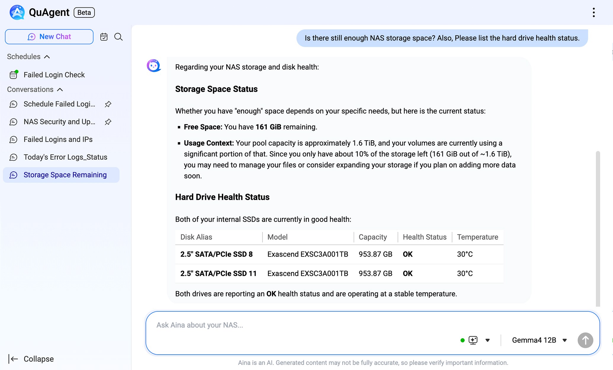 QuAgent conversation showing storage pool usage and a hard drive health summary