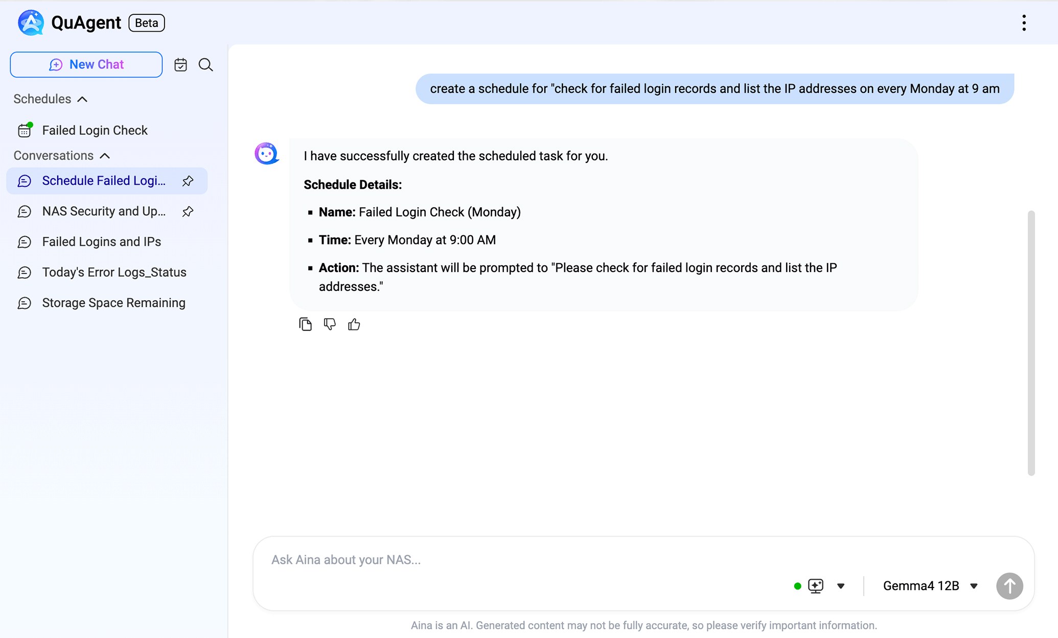 QuAgent conversation creating a weekly Monday 9 AM schedule to check failed login records