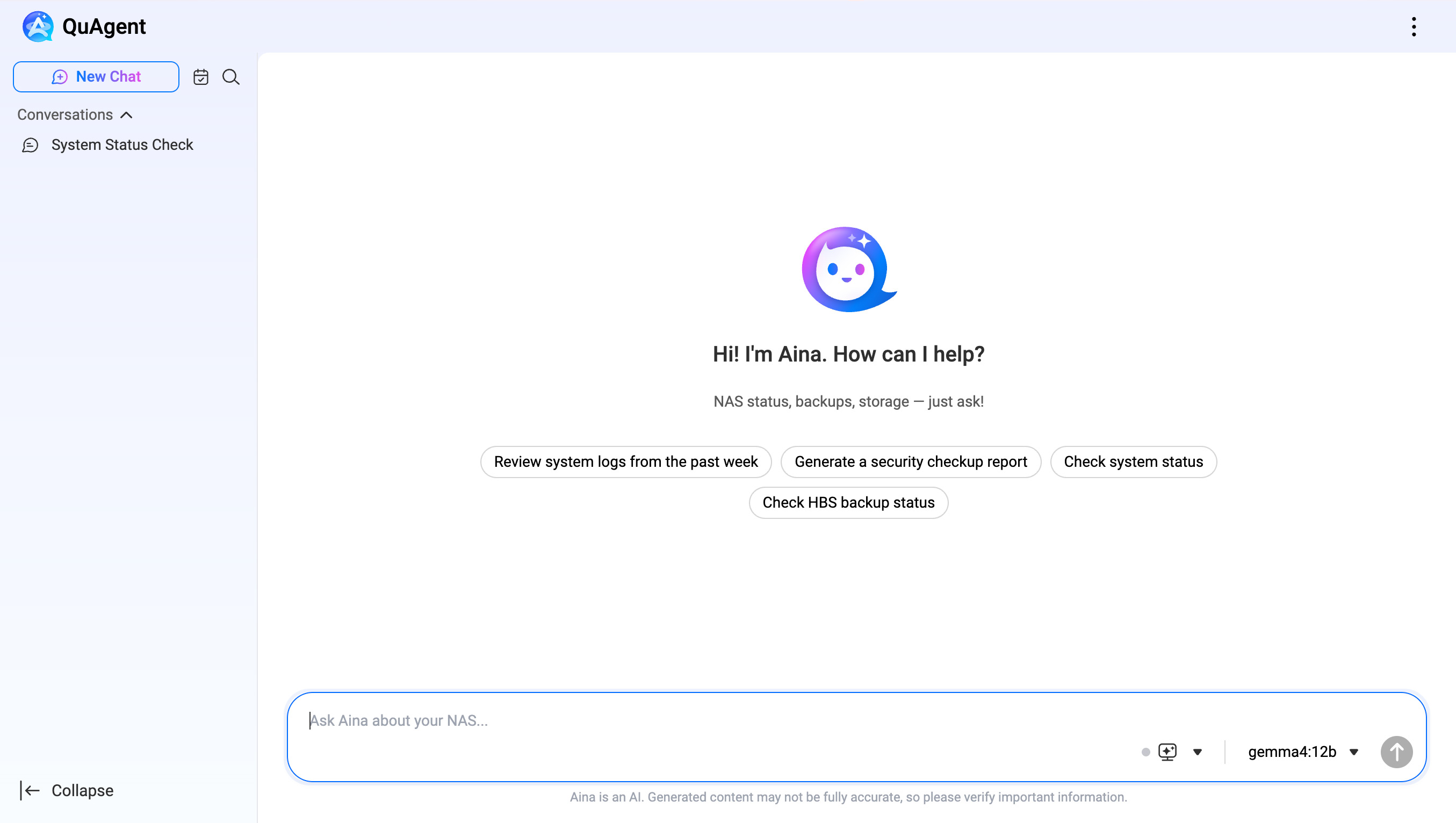 QuAgent conversation interface where Aina greets the user and suggests prompts to get started