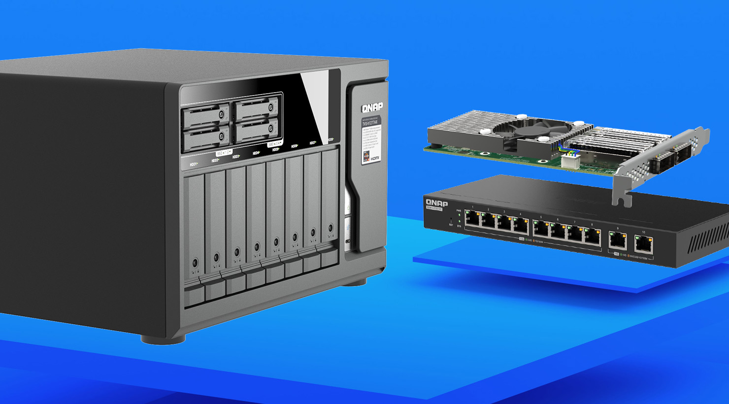 QNAP NAS, network expansion card, and switch for high-speed backup