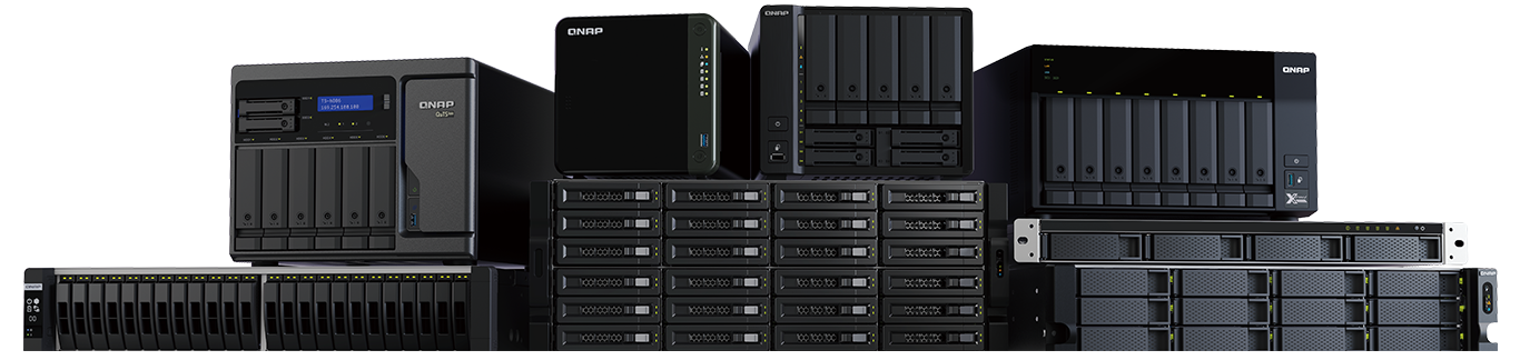 Eine Reihe von QNAP NAS-Lösungen, einschließlich Tower- und Rackmount-Modellen, die für leistungsstarke Dateiserveranwendungen in Unternehmen jeder Größe entwickelt wurden.
