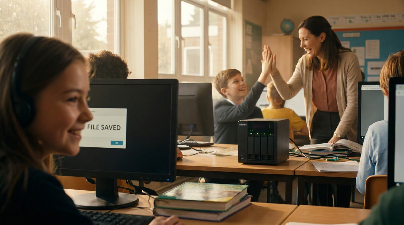Lehrkraft betreut Studierende in einem Computerraum auf dem Campus