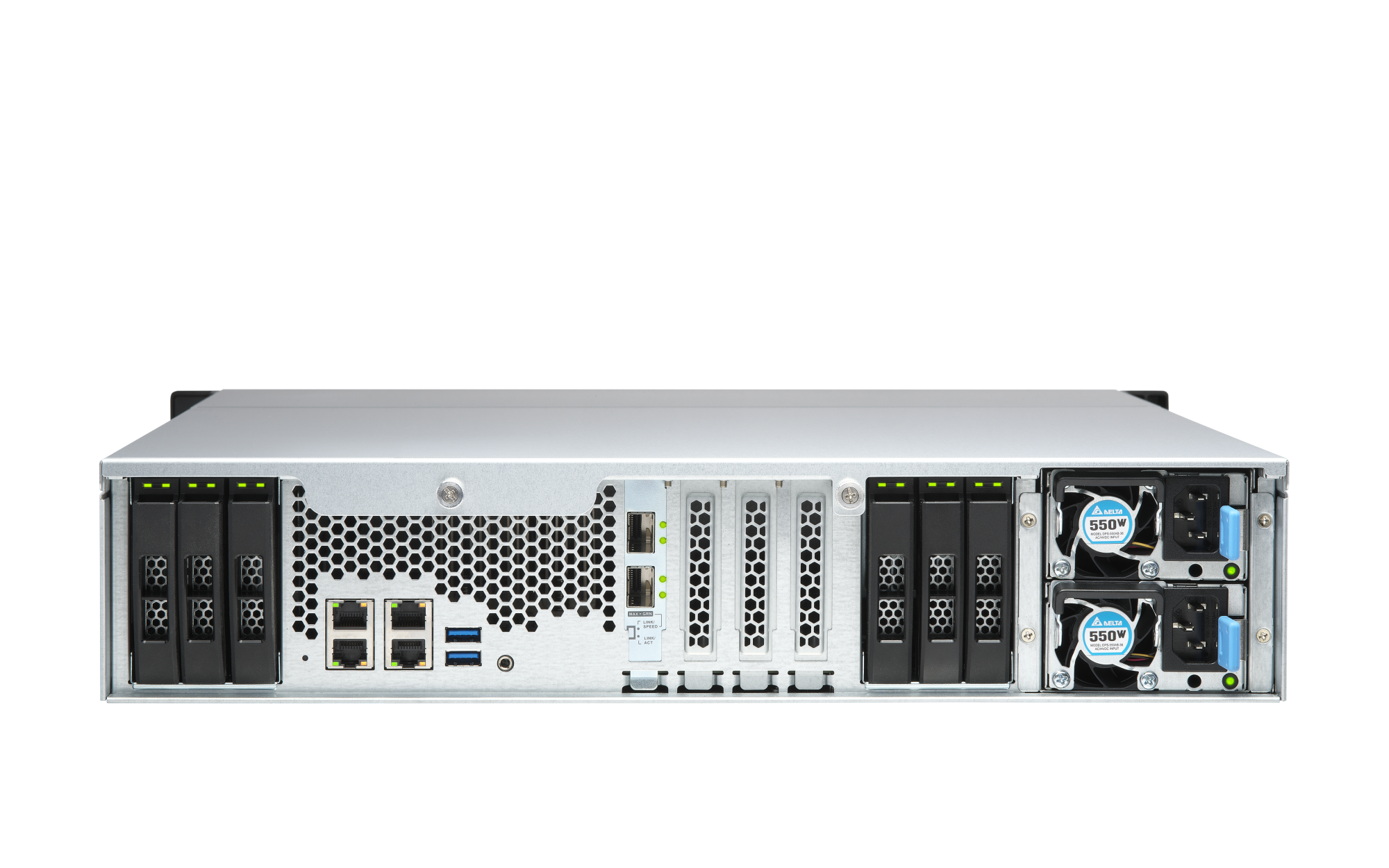 Qnap ts-h1886xu-rp r2 zadnja stran z 10gbe sfp+ in redundantnim napajanjem