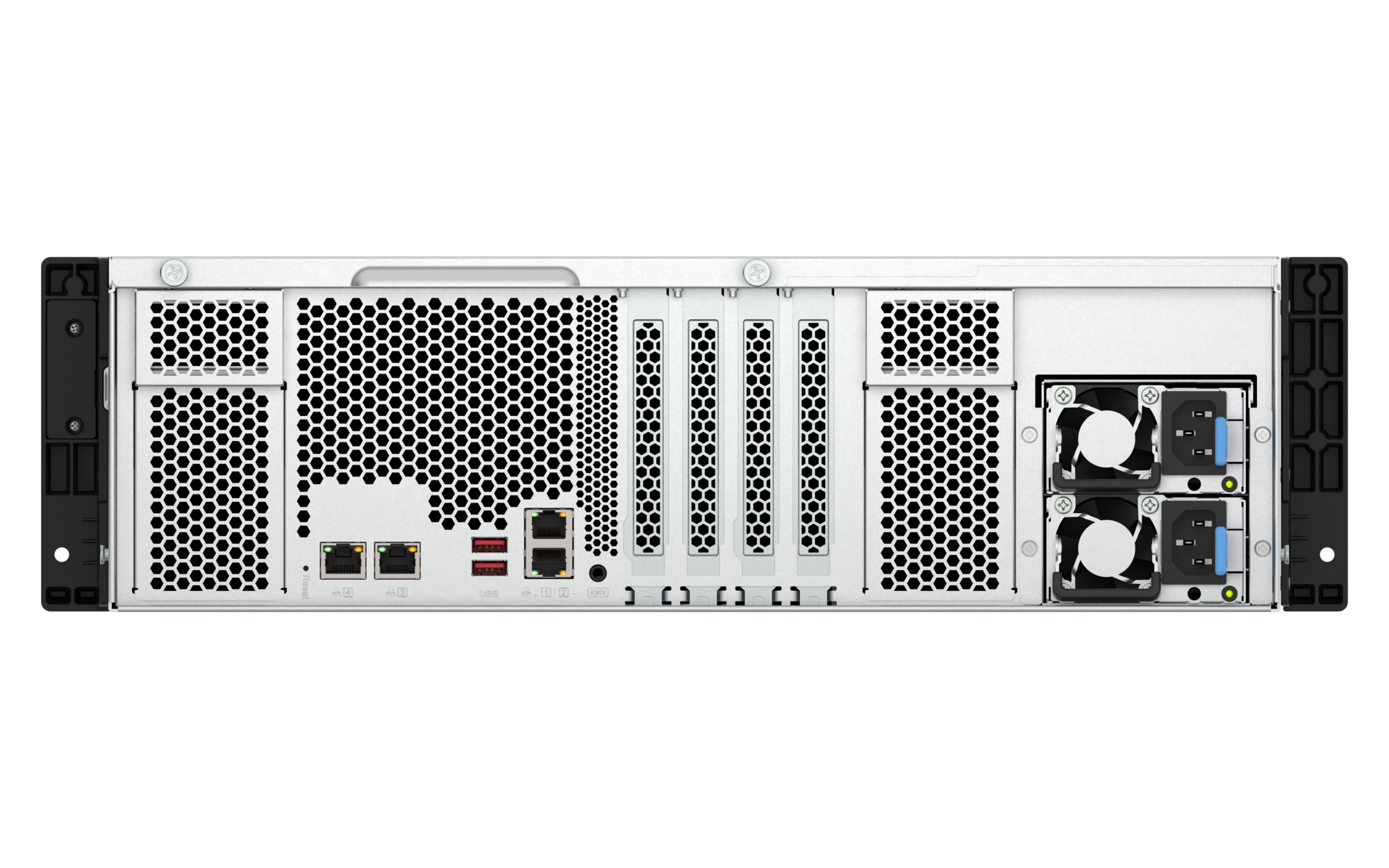 Qnap ts-h1677axu-rp-r7-32g zadnja stran z 10gbe priključki in redundantnim napajanjem