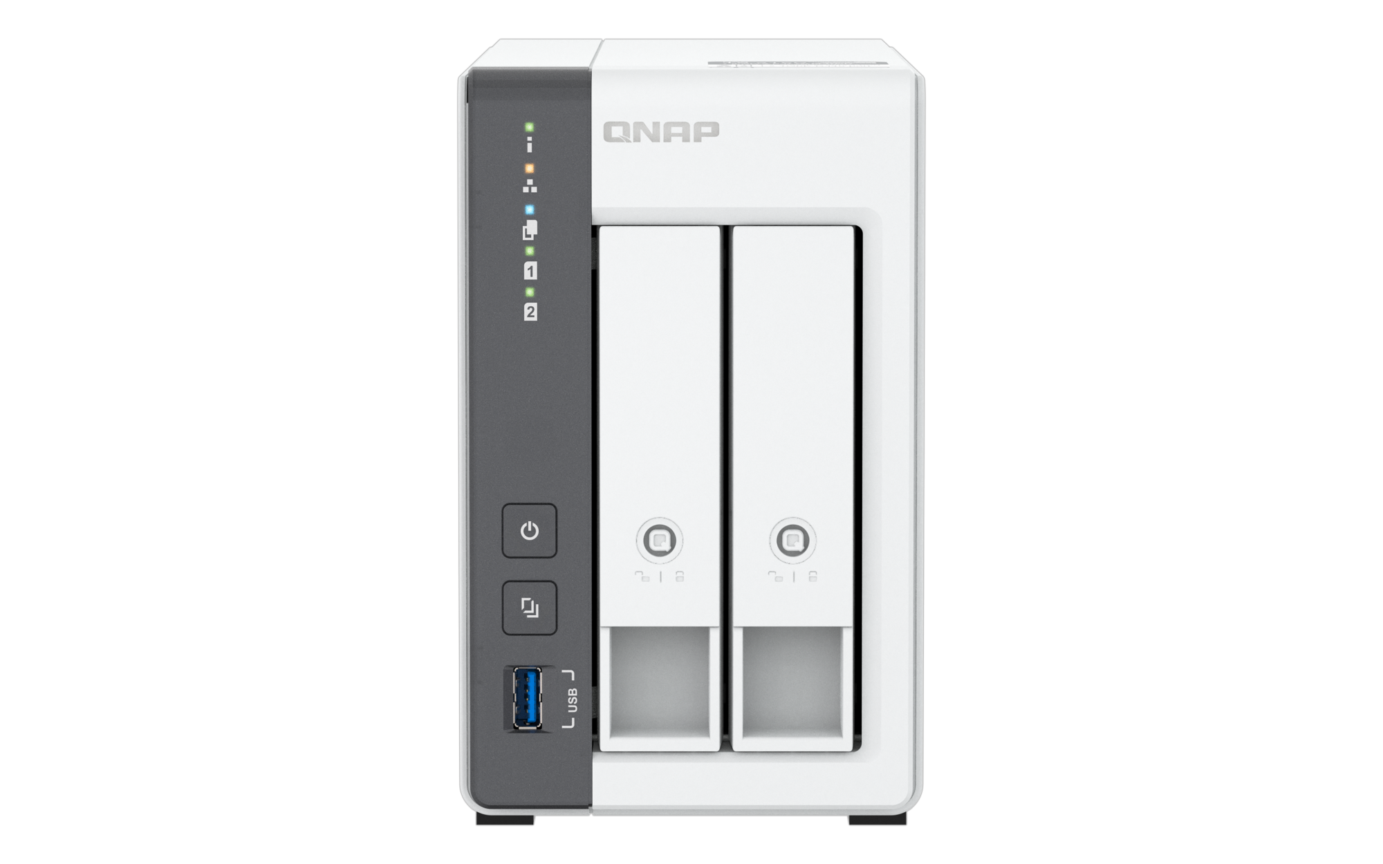 Qnap ts-216g | 2-bay nas strežnik | 4gb ram | 2,5gbe + 1gbe | arm quad-core | nas strežnik 1 Qnap ts-216g nas strežnik sprednji pogled z dvema režama za diske