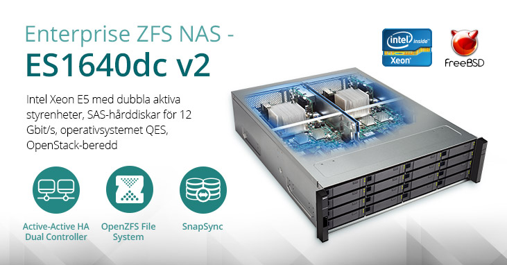 QNAP lanserar en uppgraderad Enterprise ZFS NAS ES1640dc v2 med SAS-hårddiskar för 12 Gbit/s som är utrustad med Intel Xeon E5 med dubbla aktiva styrenheter för verksamhetskritiska uppgifter