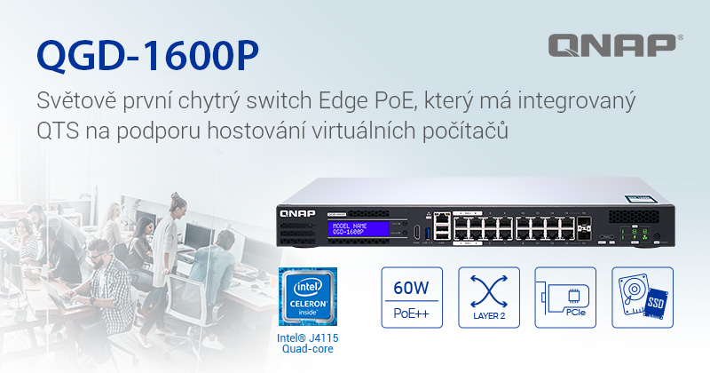 Společnost QNAP představuje QGD-1600P – Zrychlete svou digitální transformaci pomocí světově prvního chytrého switche Edge PoE s QTS a virtualizací
