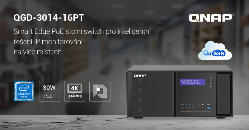 Společnost QNAP představuje stolní chytrý Edge PoE switch QGD-3014-16PT, který umožňuje chytré IP dozorování nové generace a vzdálené zálohování
