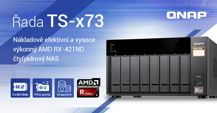 Společnost QNAP uvádí 4/6/8-pozicovou řadu TS-x73 NAS se čtyřjádrovým procesorem AMD řady R, dvěma sloty M.2 SATA SSD a dvěma sloty PCIe pro přidání M.2 SSD, 10GbE a grafické karty