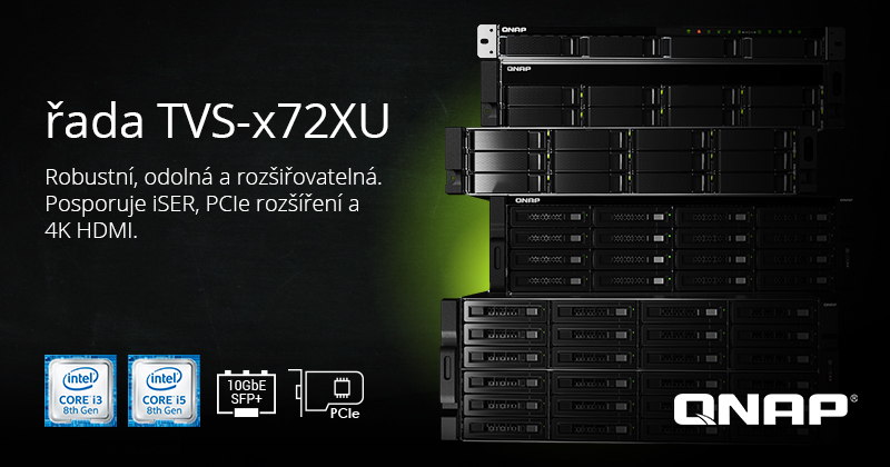 Společnost QNAP představuje řadu NAS TVS-x72XU do racku s procesorem Intel Core 8. gen., dvěma porty 10GbE SFP+ SmartNIC, rozšířitelností PCIe a 4K HDMI 2.0