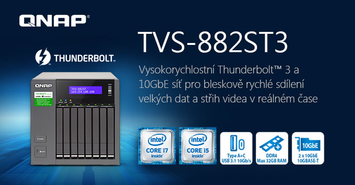 Společnost QNAP uvádí 8-pozicový 2,5" NAS TVS-882ST3 s rozhraním Thunderbolt 3, s procesorem Intel Core i7/i5 a s duálním síťovým rozhraním 10GbE a USB 3.1 10Gb/s