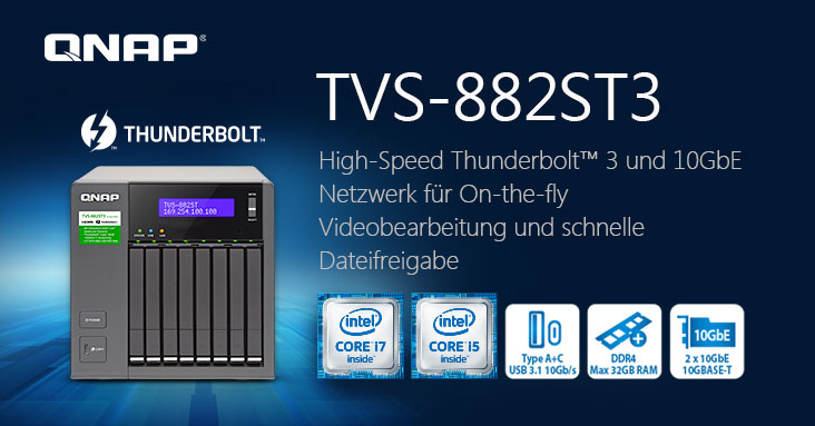  QNAP TVS-882ST3: 2,5-Zoll-Thunderbolt 3 NAS mit Intel Core i7/i5 Prozessor 