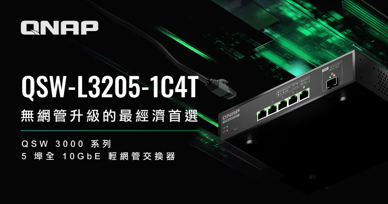 QNAP 推出 QSW 3000 系列 5 埠全 10GbE 輕網管交換器，極精省升級 20Gbps 高速網路