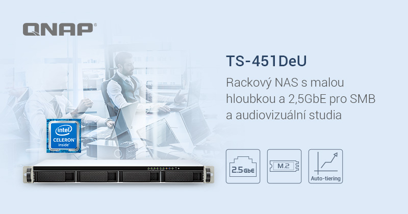 Společnost QNAP na trh uvádí TS-451DeU, 2,5GbE 4 pozicový NAS s malou hloubkou a montáží do racku pro malé až středně velké kanceláře a audiovizuální místnosti