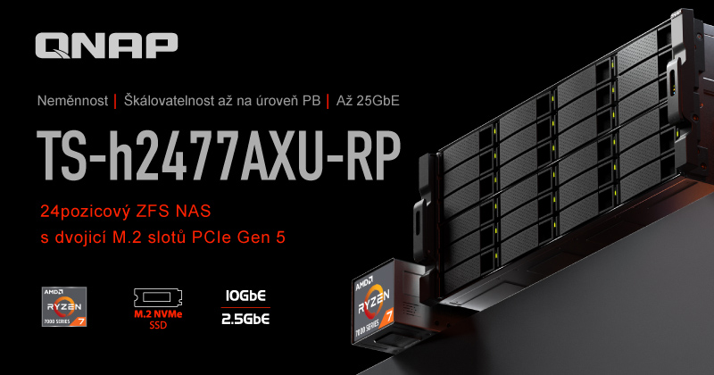 Společnost QNAP uvádí na trh TS-h2477AXU-RP: 24pozicový ZFS NAS optimalizovaný pro vysokorychlostní ukládání a spolehlivé zálohování