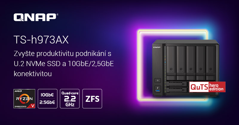 QNAP představuje čtyřjádrový 9pozicový QuTS hero NAS TS-h973AX, podporující vysoce výkonné disky U.2 NVMe SSD a konektivitu 10GbE/2,5GbE