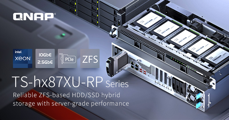 QNAP presenta el almacenamiento híbrido TS-hx87XU-RP, que incluye un procesador Intel Xeon E, conectividad 2,5GbE/10GbE de alta velocidad y expansión PCIe Gen 4