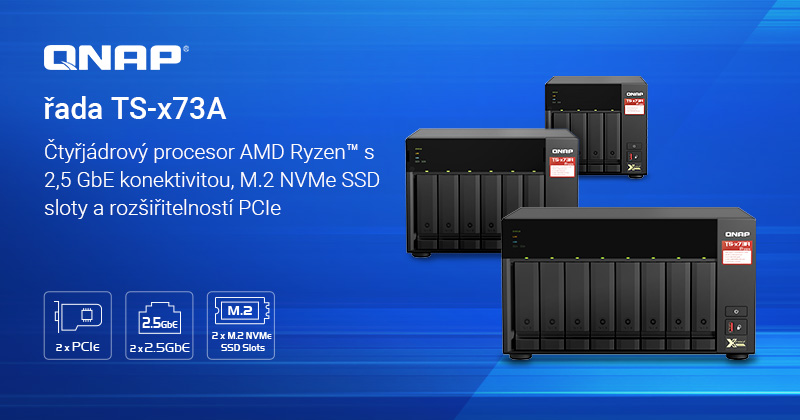 Společnost QNAP představuje zařízení NAS řady TS-x73A se čtyřjádrovým procesorem AMD Ryzen™ a se dvěma porty 2,5GbE, rozšířením PCIe a M.2 NVMe SSD sloty