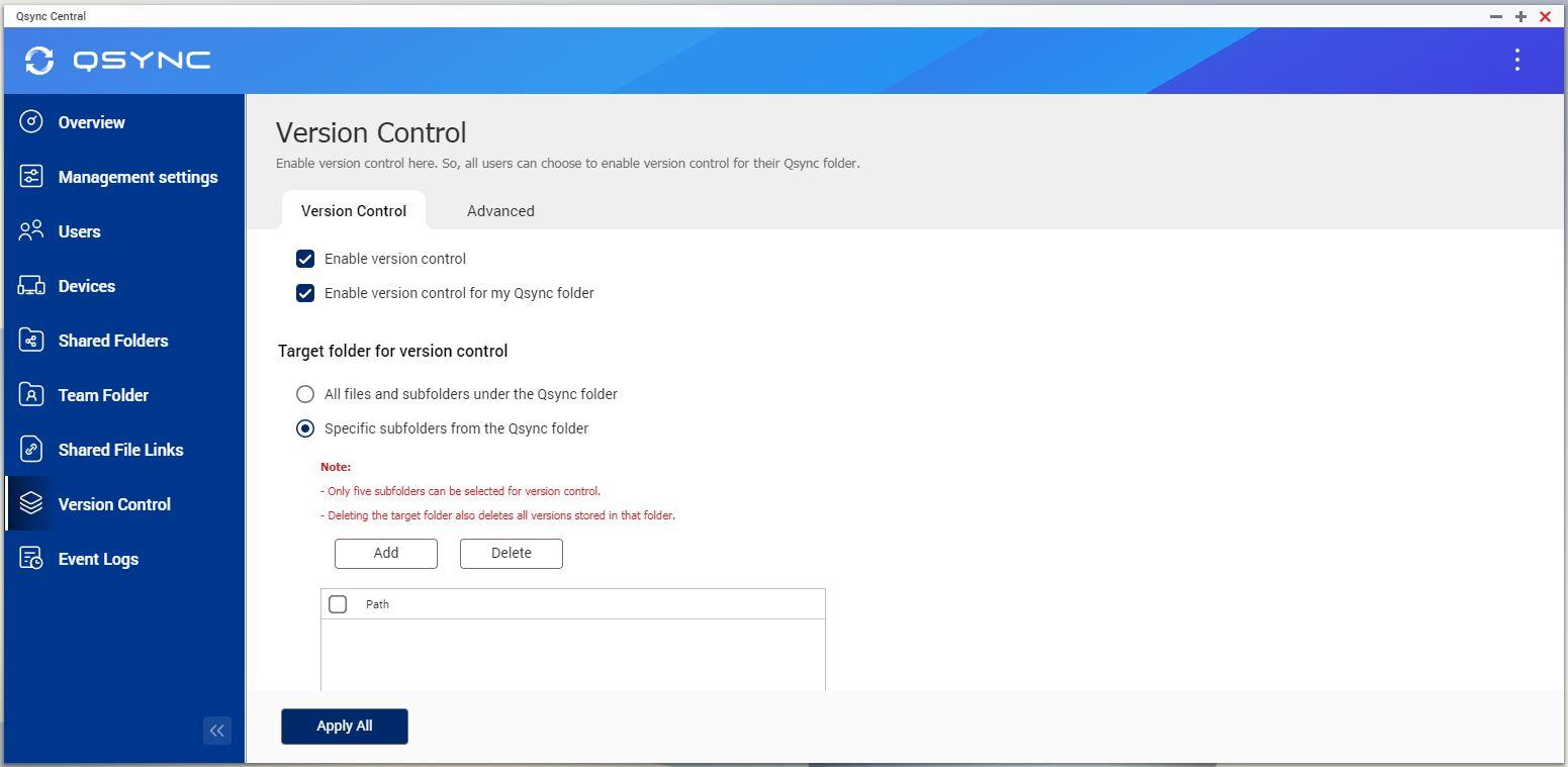 Setup the version control in Qsync Central QNAP