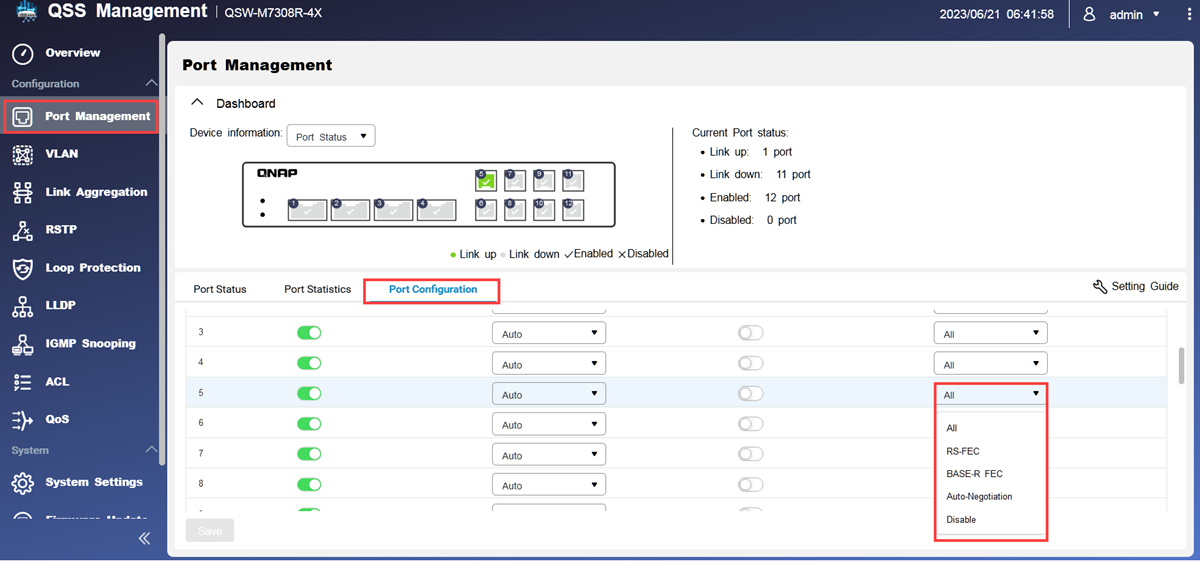 How do I configure FEC settings on my QNAP QSW managed switch? QNAP