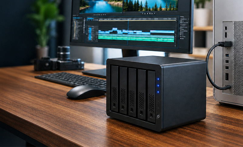 Thunderbolt kabel propojující NAS s pracovní stanicí