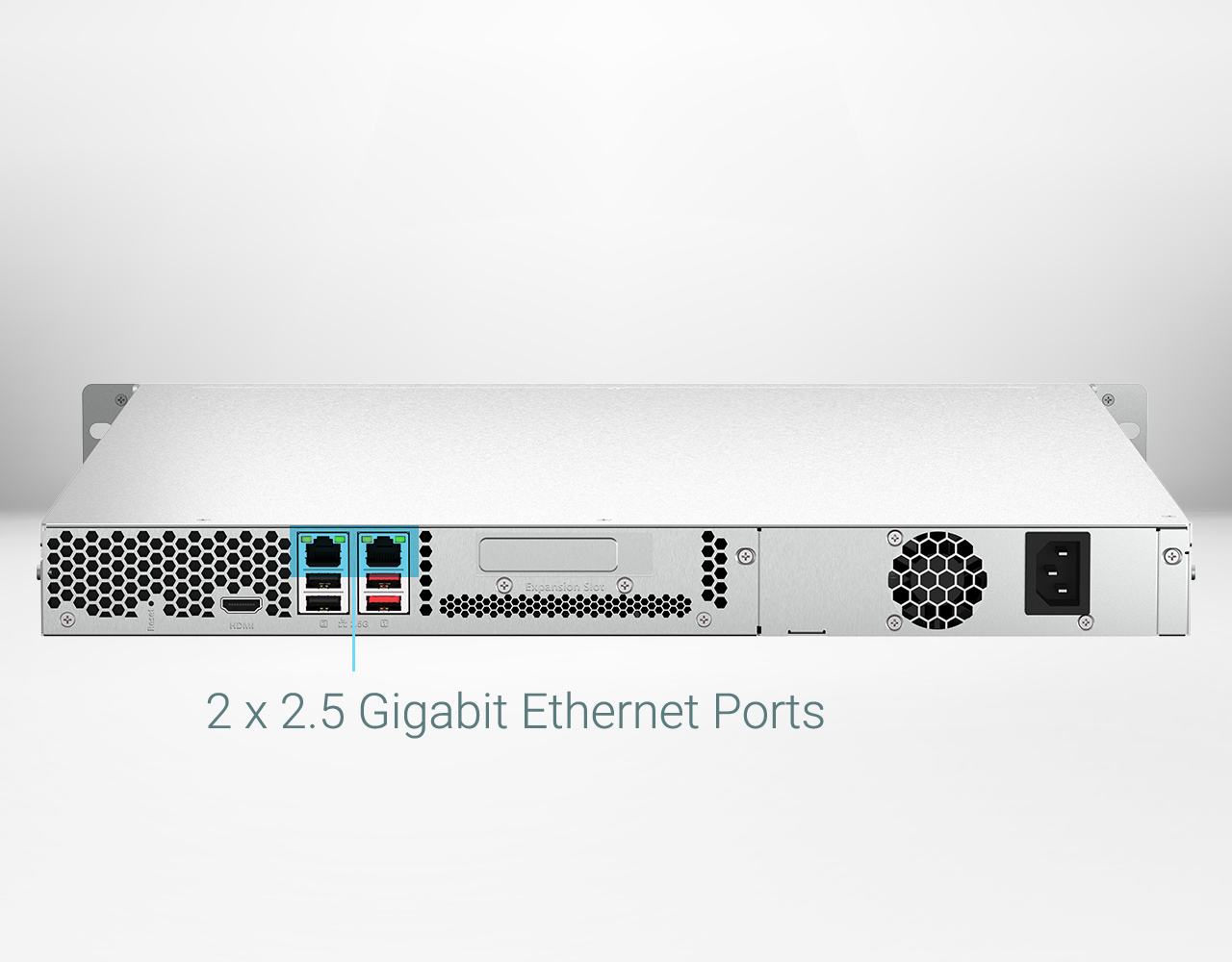 Qnap ts-464u-rp-8g | 1u rack nas strežnik | 4 ležišča sata | 8gb ddr4 | 2x 2. 5gbe lan | redundantno napajanje | nas strežnik 2 Qnap ts-464u-rp-8g zadnja stran z 2x 2,5gbe lan priključkoma