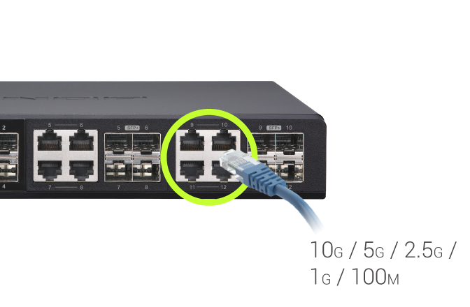 Switch manageable 10GbE QNAP 12 ports fanless : 4 ports 10GbE 10SFP+ et 8  Ports combo 10GbE SFP+/RJ45 (transceivers en options)