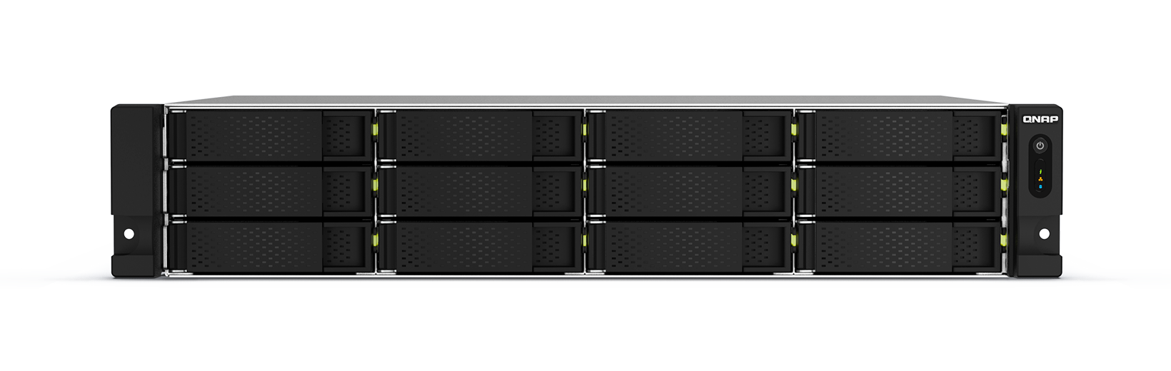 Qnap ts-1264u-rp | 12 ležišč rack nas | 8 gb ram | 2x 2,5gbe | pcie razširljivost in redundantno napajanje | nas strežnik 1 Qnap ts-1264u-rp 12-ležiščni rack nas strežnik sprednji pogled