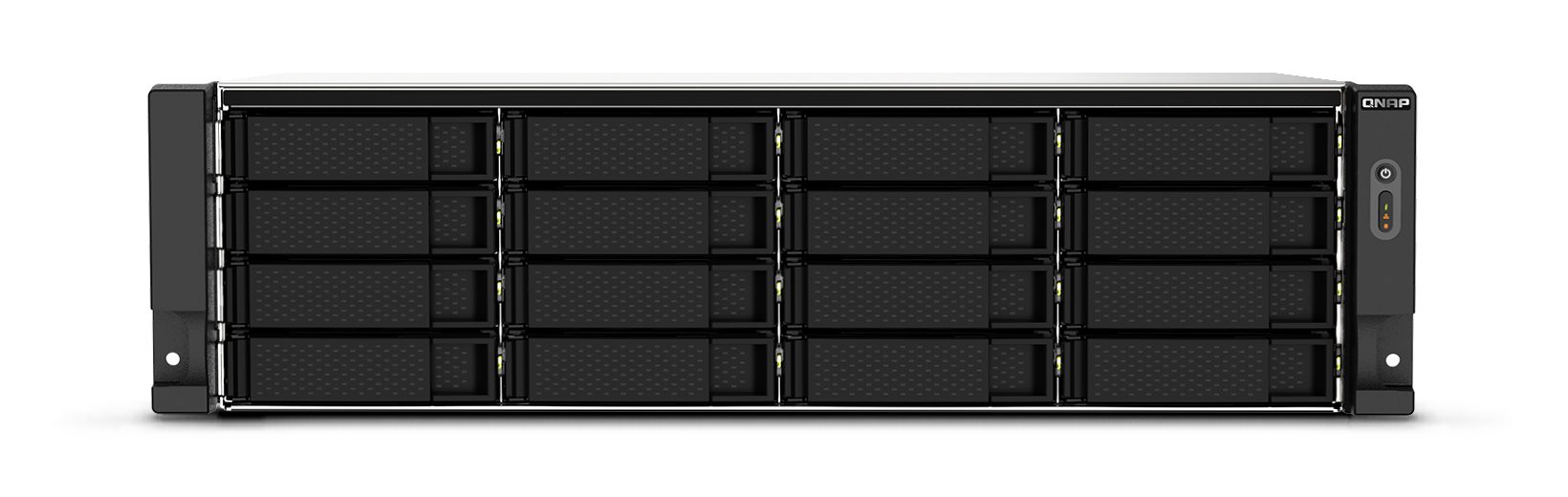 Qnap ts-1673au-rp-16g | 16 ležišč 3u rack nas | amd ryzen v1500b | 16gb ddr4 | 2x 2. 5gbe | redundantno napajanje | nas strežnik 1 Qnap ts-1673au-rp-16g 16-bay 3u rack nas sprednji pogled