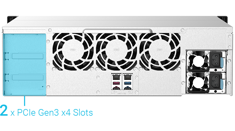 Qnap ts-1673au-rp-16g | 16 ležišč 3u rack nas | amd ryzen v1500b | 16gb ddr4 | 2x 2. 5gbe | redundantno napajanje | nas strežnik 2 Qnap ts-1673au-rp-16g zadnji priključki in pcie razširitvene reže