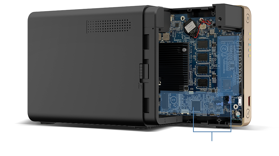 Qnap ts-264-8g | 2-bay nas strežnik | 8gb ddr4 | 2x 2. 5gbe in m. 2 nvme | nas strežnik 4 Qnap ts-264-8g notranjost z m. 2 nvme režama za ssd predpomnilnik