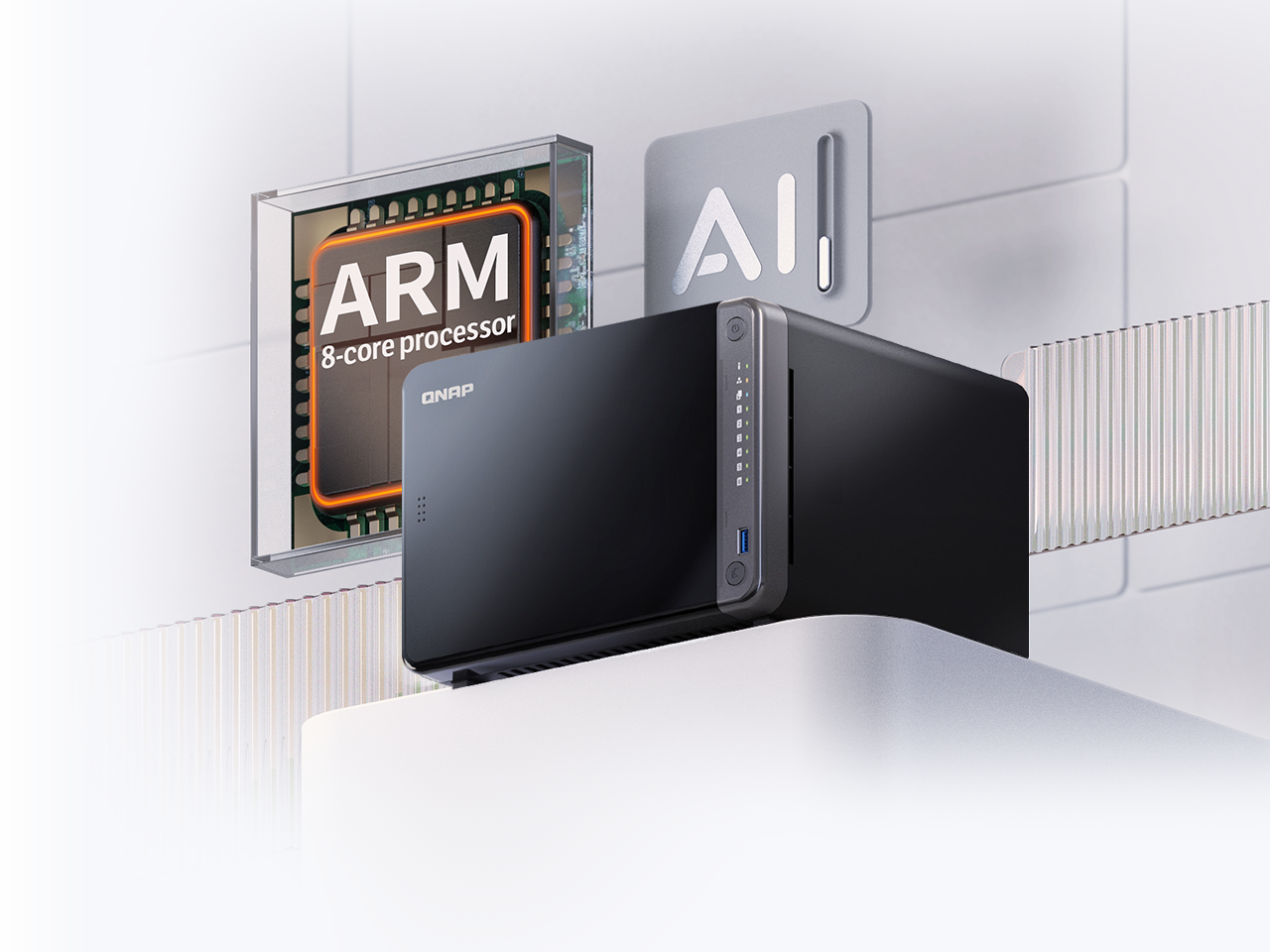 TS-AI642 | 6ベイタワー型AI NAS。8コアプロセッサ、GPU、HDMI