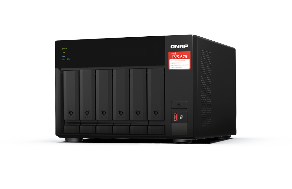 Qnap tvs-675-8g | 6-bay nas strežnik | 8-jedrni procesor | 8 gb ddr4 | 2x 2. 5gbe | m. 2 sata/nvme | namizni nas strežnik 1 Qnap tvs-675-8g 6-bay nas strežnik sprednji desni pogled