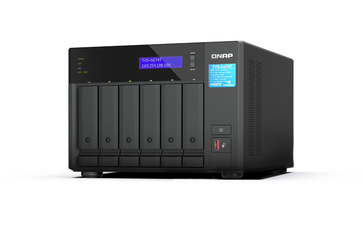 Qnap tvs-h674t | 32gb ram | thunderbolt 4 | 2x 2,5gbe | 6-bay nas strežnik 2 Qnap tvs-h674t 6-bay nas strežnik sprednji pogled